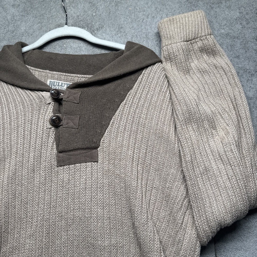 Duluth Trading Men's Tan Henley Sweater Large Waffle Knit Workwear Pullover
